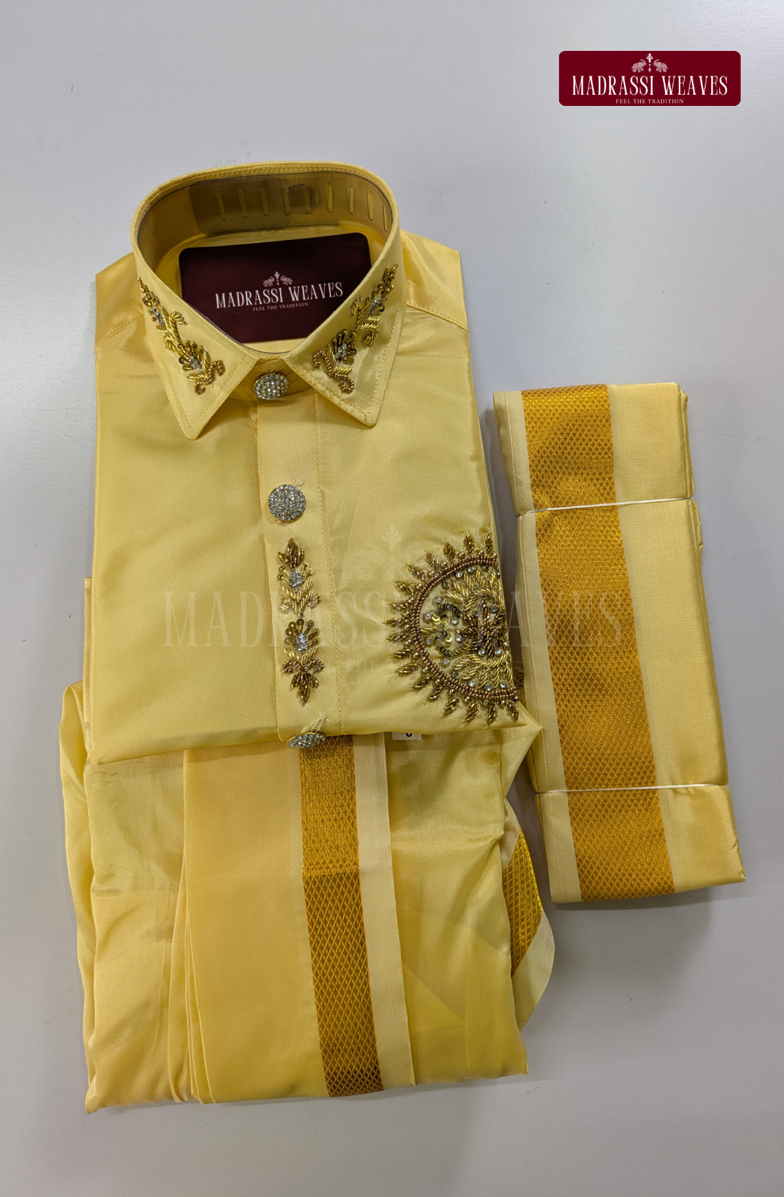 Luxury Aari Work Wedding Silk Dhoti Set (HandCrafted) -(DESPATCH TIME 15 DAYS) - Champagne