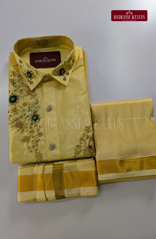 Luxury Aari Work Wedding Silk Dhoti Set (HandCrafted) -(DESPATCH TIME 15 DAYS)