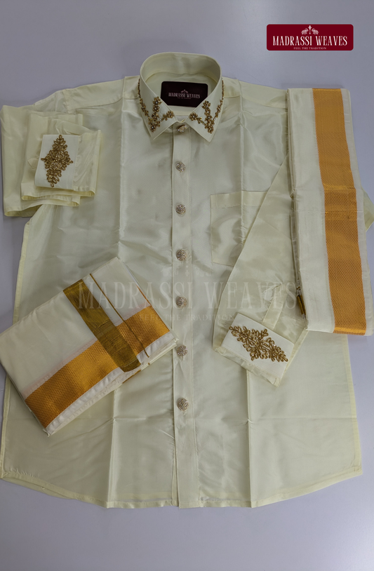 Luxury Aari Work Wedding Silk Dhoti Set (HandCrafted) -(DESPATCH TIME 15 DAYS)