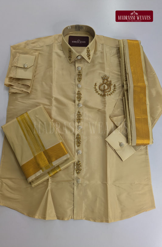 Luxury Aari Work Wedding Silk Dhoti Set (HandCrafted) -(DESPATCH TIME 15 DAYS)