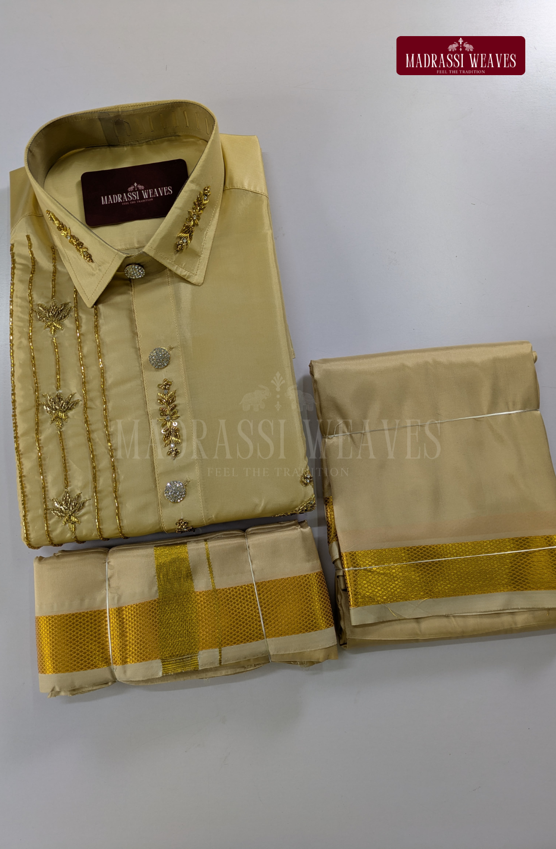 Luxury Aari Work Wedding Silk Dhoti Set (HandCrafted) -(DESPATCH TIME 15 DAYS) - Beige