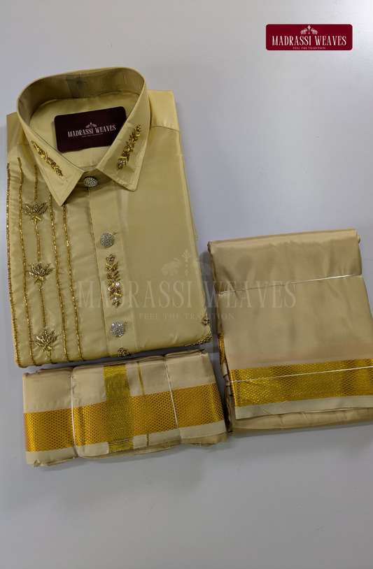 Luxury Aari Work Wedding Silk Dhoti Set (HandCrafted) -(DESPATCH TIME 15 DAYS)