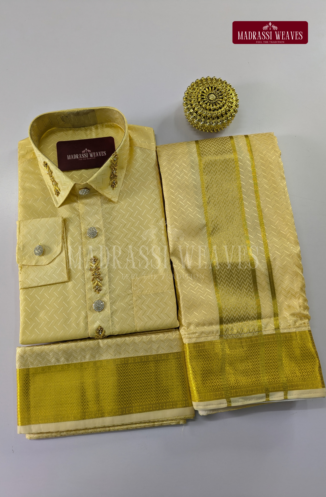 Luxury Embosed Aari Work Wedding Silk Dhoti Set (HandCrafted) - (DESPATCH TIME 15 DAYS) - Champaign