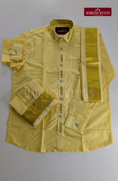 Luxury Embosed Aari Work Wedding Silk Dhoti Set (HandCrafted) - (DESPATCH TIME 15 DAYS) - Champaign