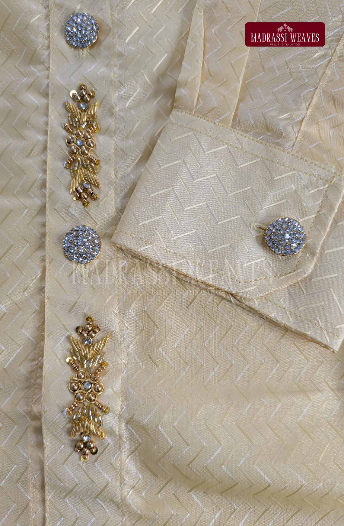 Luxury Embosed Aari Work Wedding Silk Dhoti Set (HandCrafted) - (DESPATCH TIME 15 DAYS) - Champaign