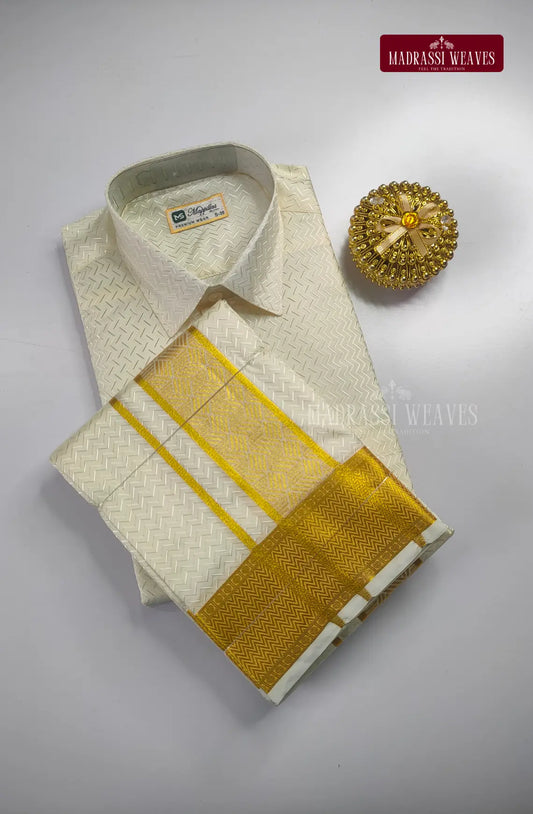 Luxury Embossed Dhoti Set Woven With Gold Zari - White