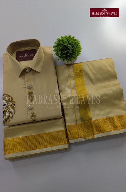 Luxury Aari Work Wedding Silk Dhoti Set 10 (HandCrafted) -(DESPATCH TIME 15 DAYS)