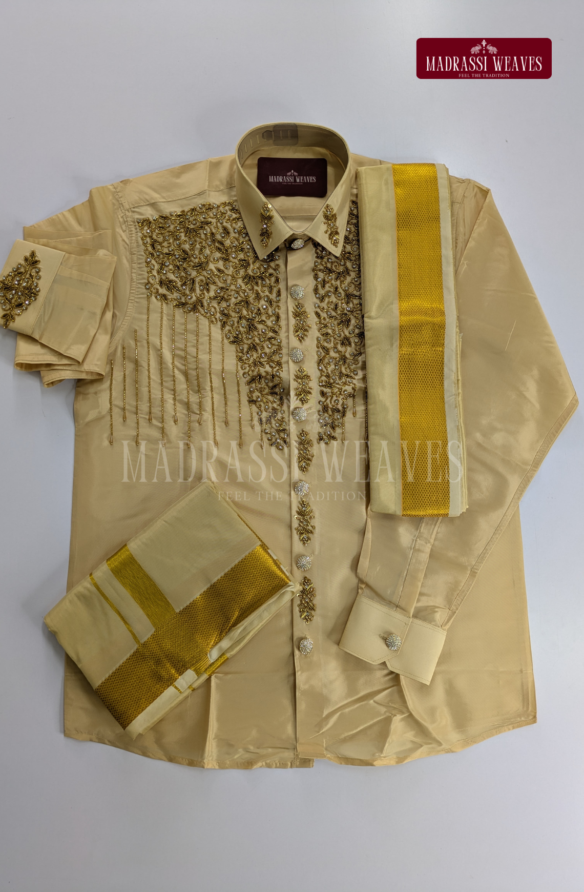 Luxury Aari Work Wedding Silk Dhoti Set 11 (HandCrafted) -(DESPATCH TIME 15 DAYS)