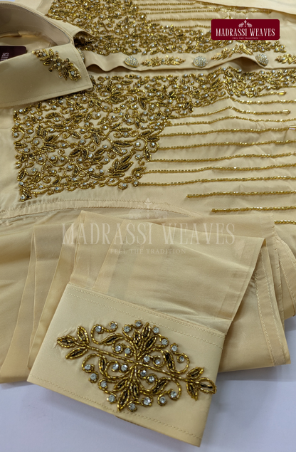 Luxury Aari Work Wedding Silk Dhoti Set 11 (HandCrafted) -(DESPATCH TIME 15 DAYS)