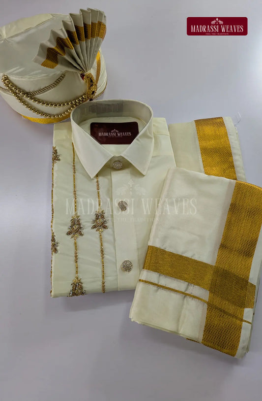 Luxury Aari Work Wedding Silk Dhoti Set 2 (HandCrafted) - Pearl White