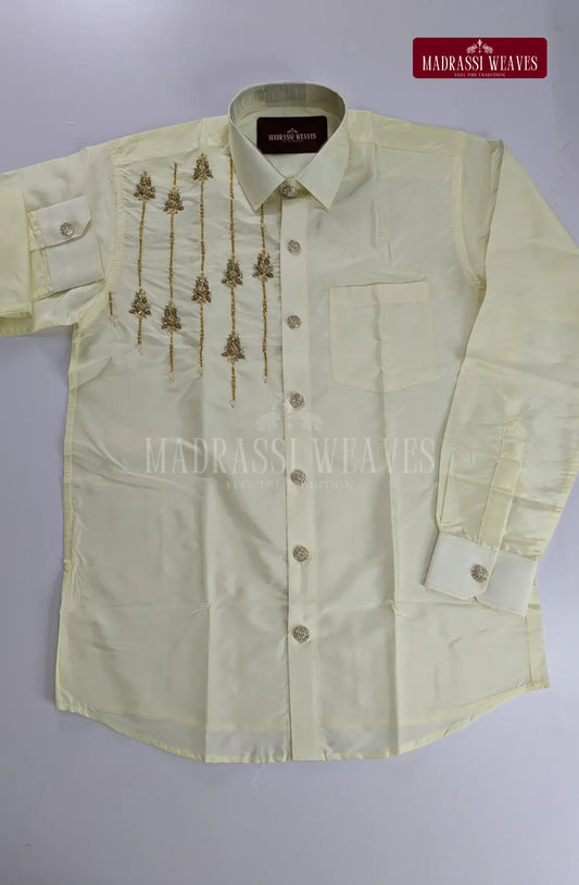 Aari Work Men's Shirt 2 (Hand Crafted) - Pearl White