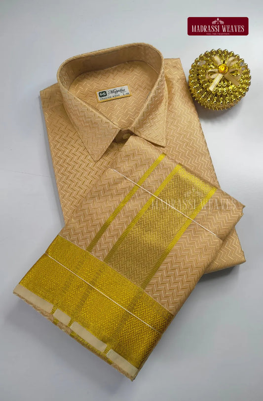 Luxury Embossed Dhoti Set Woven With Gold Zari - Natural Sandal
