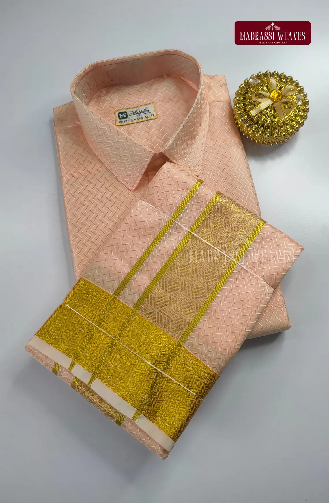 Luxury Embossed Dhoti Set Woven With Gold Zari - Peach – Madrassi Weaves