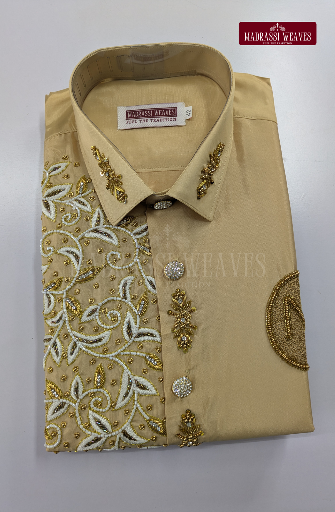 Luxury Aari Work Wedding Silk Dhoti Set (HandCrafted) -(DESPATCH TIME 15 DAYS) - Beige