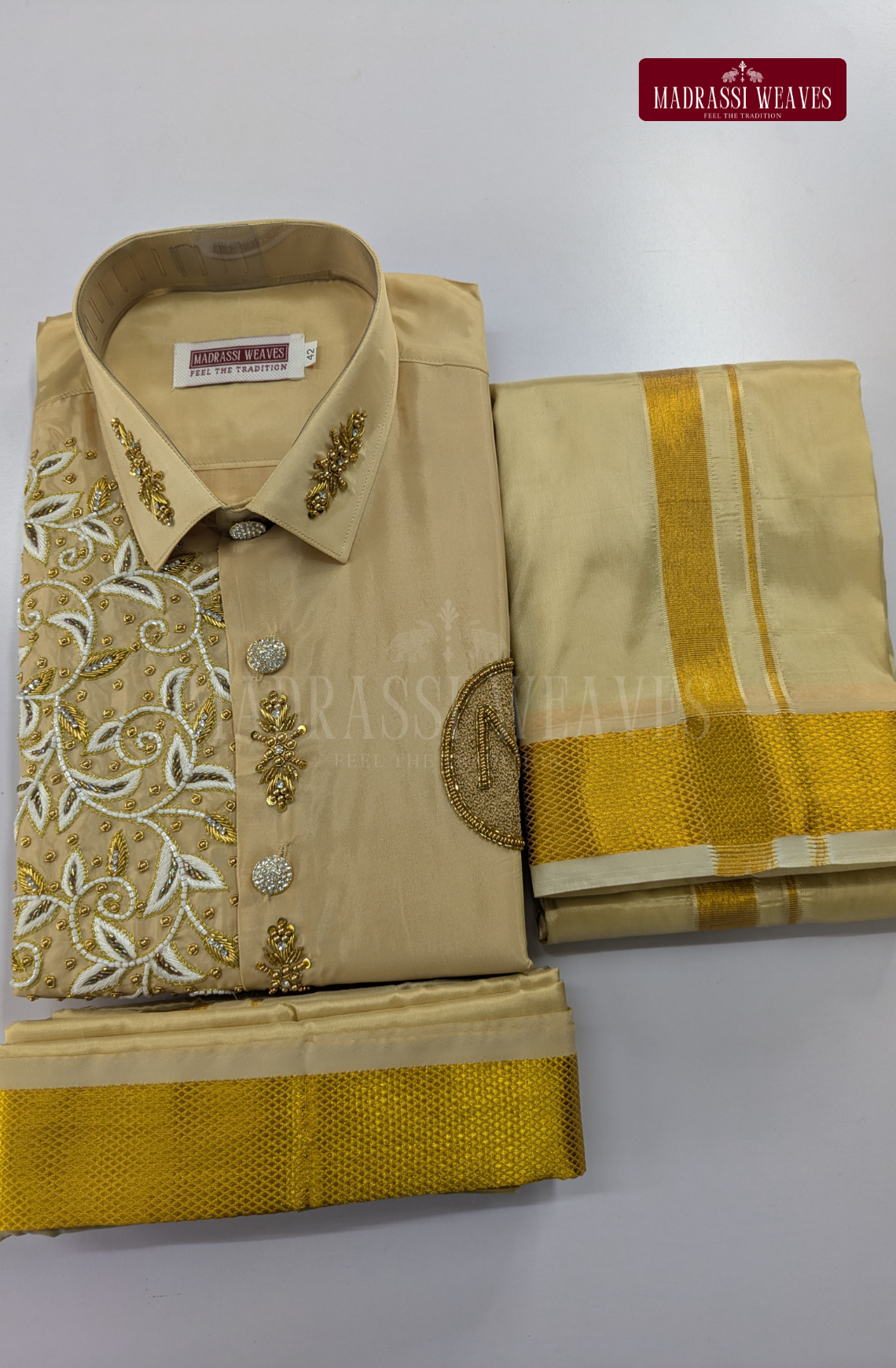 Luxury Aari Work Wedding Silk Dhoti Set (HandCrafted) -(DESPATCH TIME 15 DAYS) - Beige