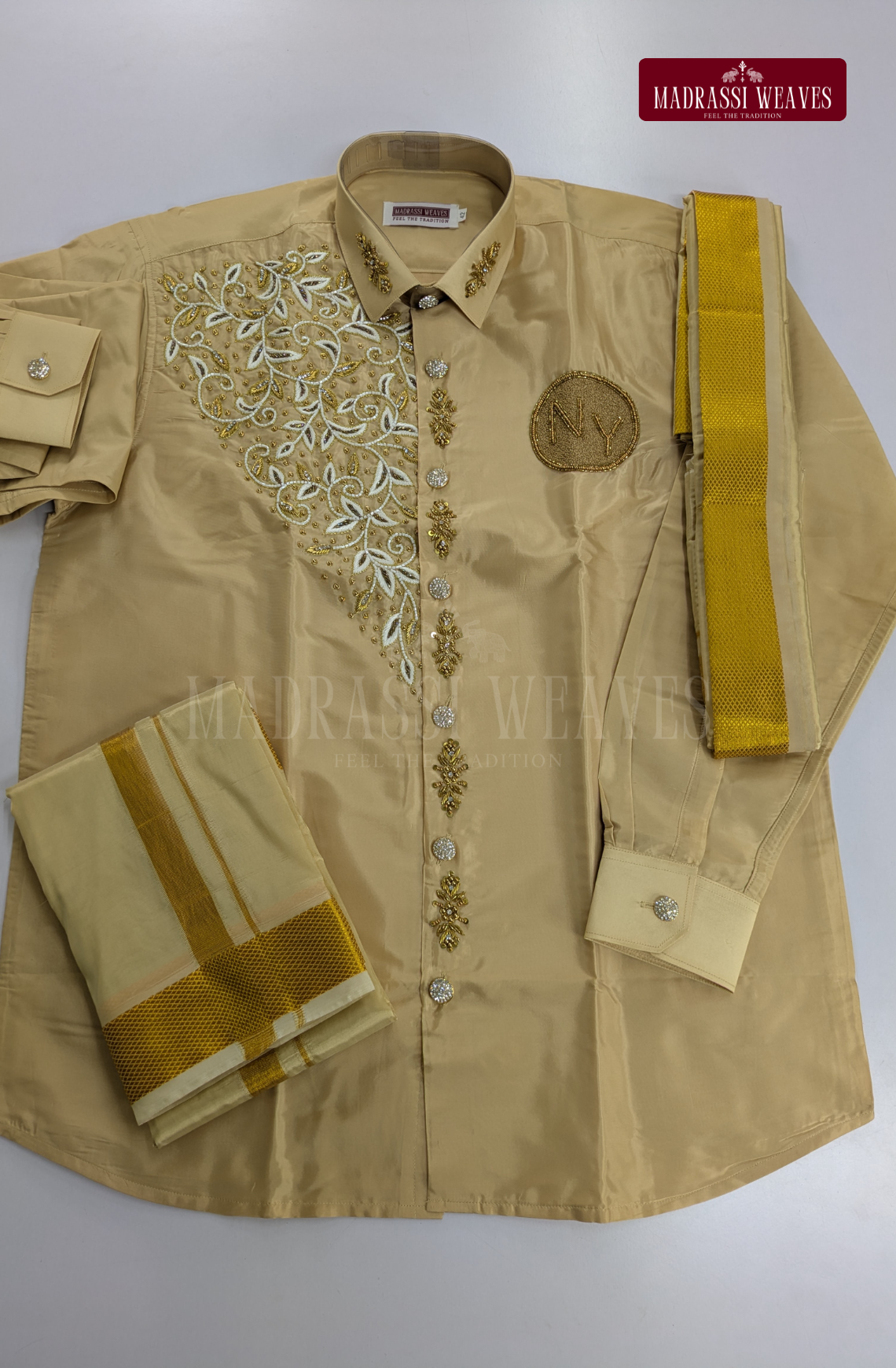 Luxury Aari Work Wedding Silk Dhoti Set (HandCrafted) -(DESPATCH TIME 15 DAYS) - Beige
