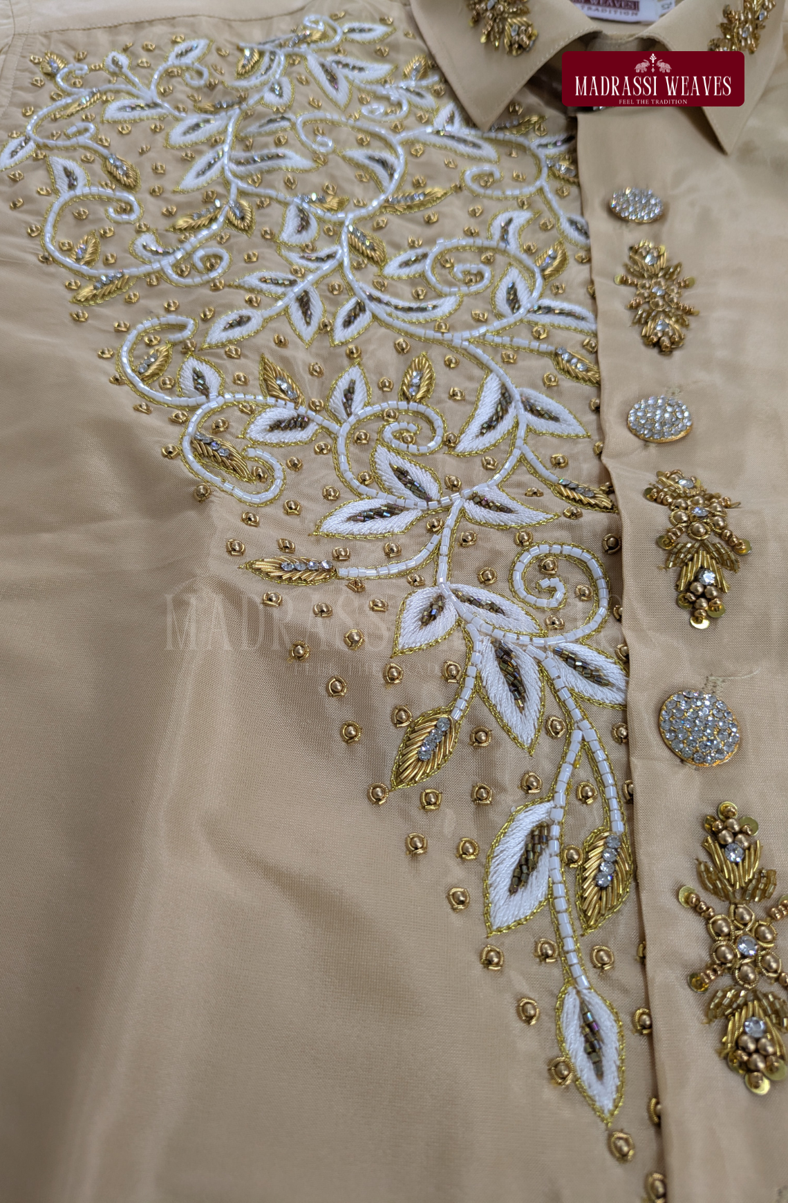 Luxury Aari Work Wedding Silk Dhoti Set (HandCrafted) -(DESPATCH TIME 15 DAYS) - Beige