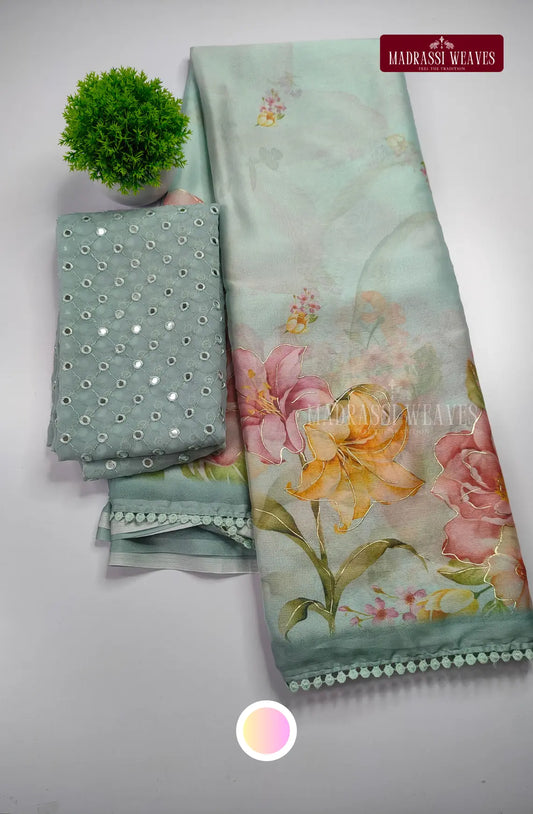 PartyWear Lace Border Georgette Organza With Mirror Work Blouse Saree