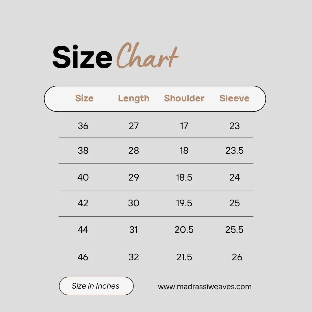 Size chart for Premium Tissue Embossed Dhoti Set - Copper