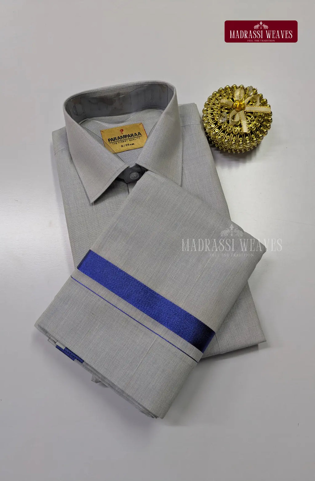 Men's Cotton Tissue Dhoti Set With Blue Zari