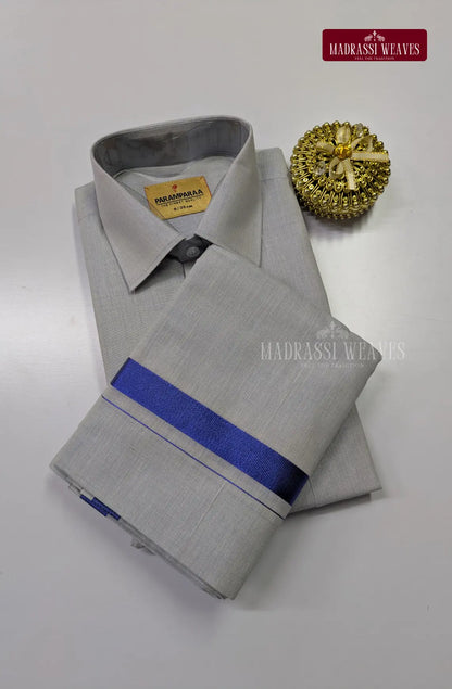 Men's Cotton Tissue Dhoti Set With Blue Zari