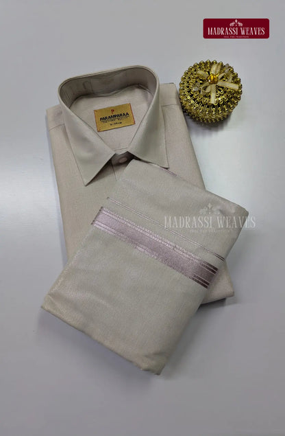 Men's Cotton Tissue Dhoti Set With Lavender Zari