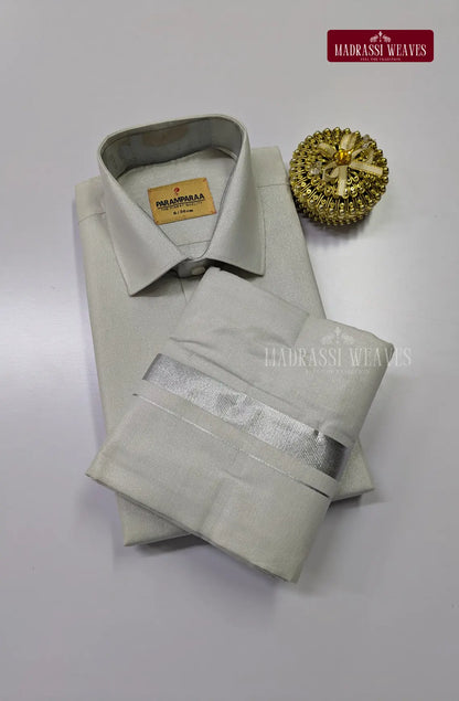 Men's Cotton Tissue Dhoti Set With Silver Zari