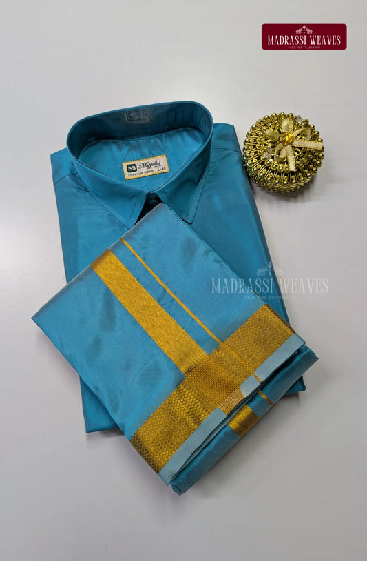 Premium Japan Silk Dhoti Set with Gold  Zari - Aqua Blue