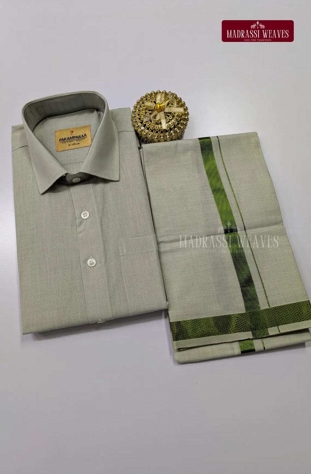 Men's Cotton Tissue Dhoti Set With Green Zari