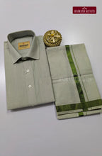Men's Cotton Tissue Dhoti Set With Green Zari