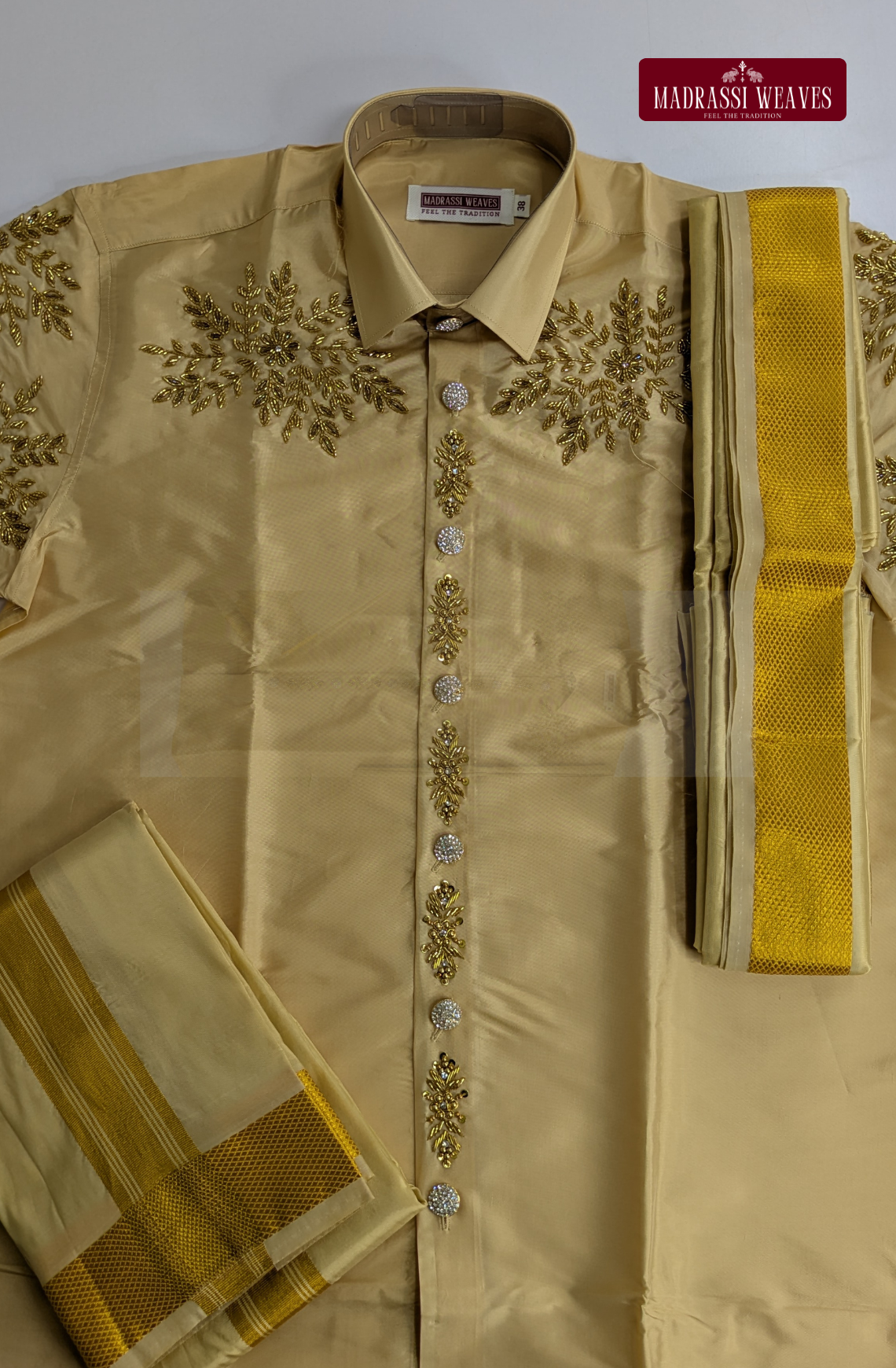 Luxury Aari Work Wedding Silk Dhoti Set (HandCrafted) -(DESPATCH TIME 15 DAYS)- Beige