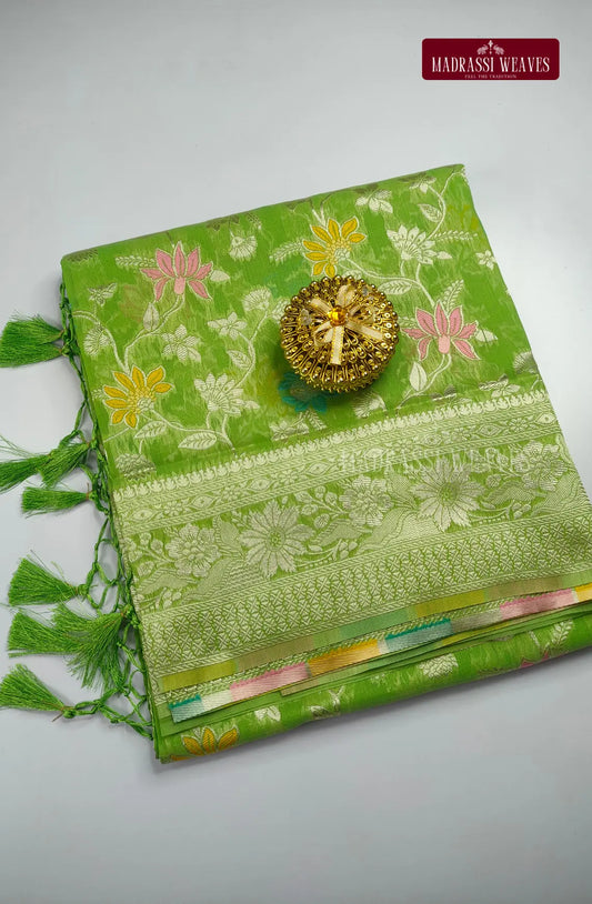 Office Wear Meena work Cotton Blend Saree - Parrot Green