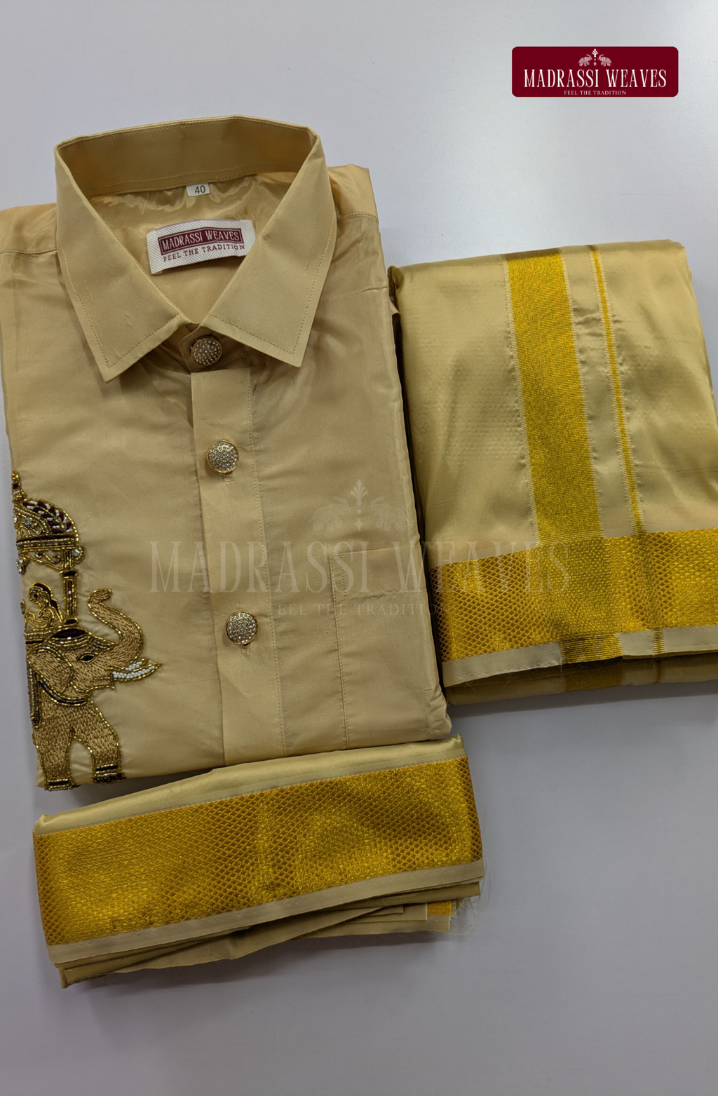 Luxury Aari Work Wedding Silk Dhoti Set (HandCrafted) -(DESPATCH TIME 15 DAYS)- BEIGE