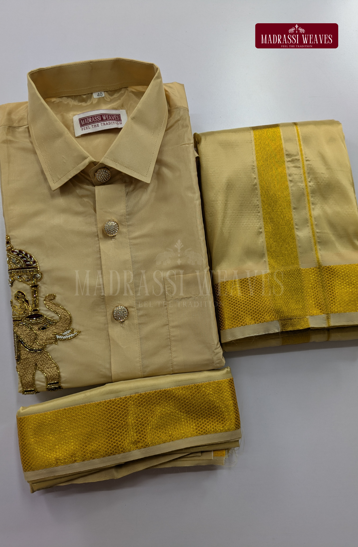 Luxury Aari Work Wedding Silk Dhoti Set (HandCrafted) -(DESPATCH TIME 15 DAYS)- BEIGE