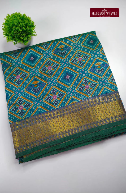 Premium Ikkat Fusion Soft Silk Saree - Aqua Blue