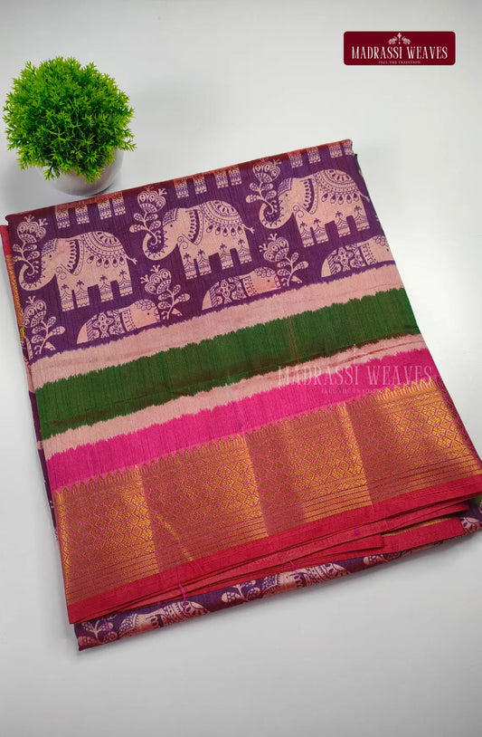Premium Ikkat Fusion Soft Silk Saree - Dual Tone Meganta