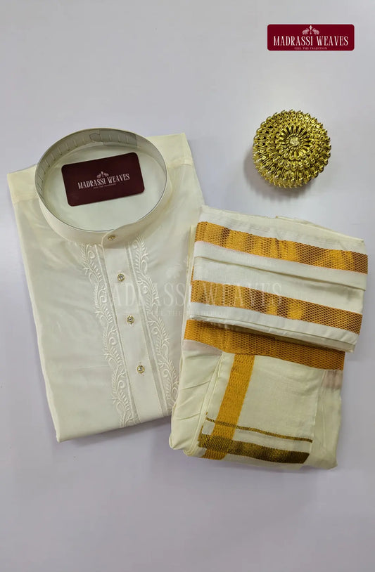Premium Art Silk Kurta & Readymade Panchakecham Set - White