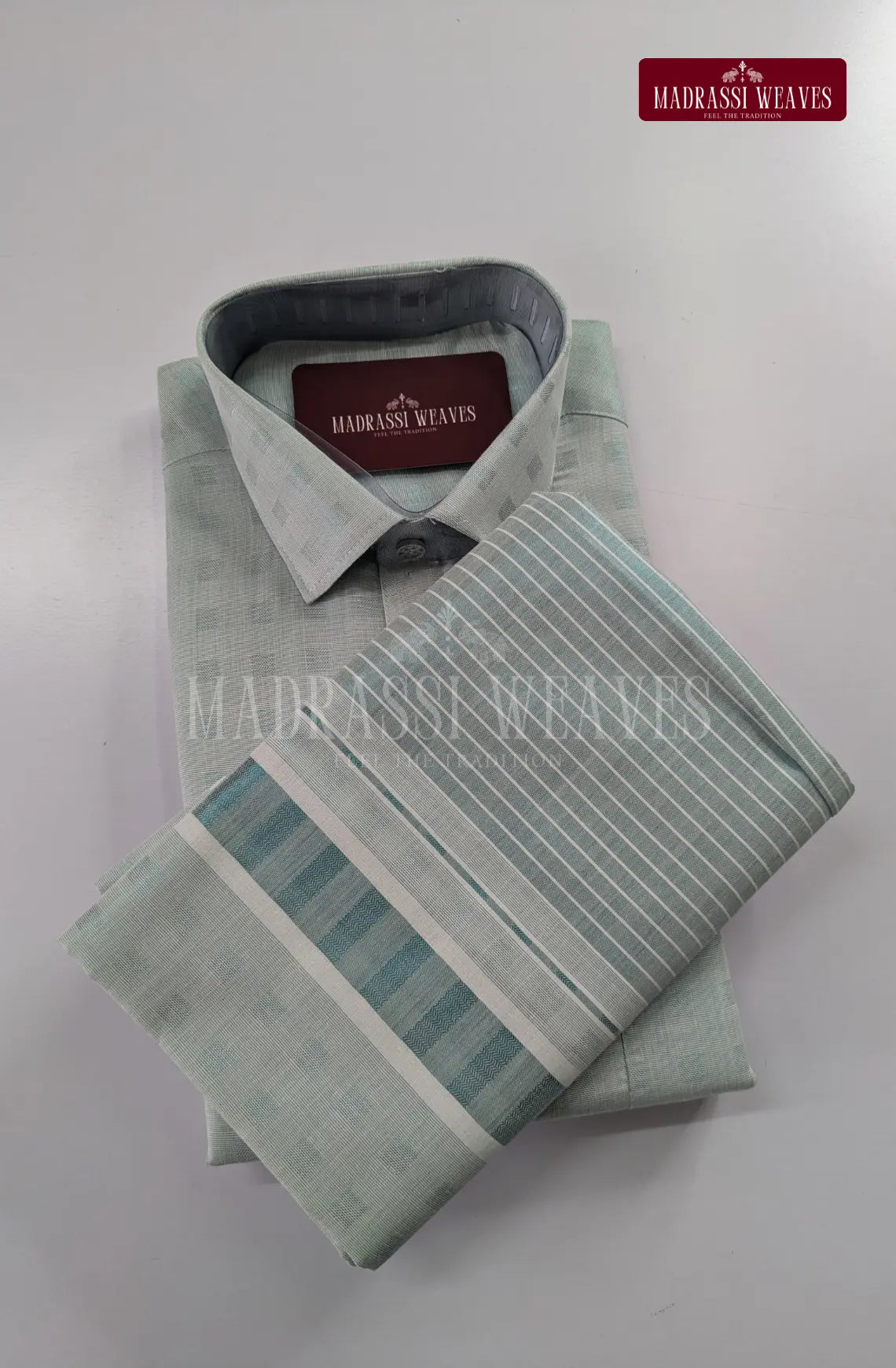 Premium Embossed Cotton Tissue Dhoti Set – Blue Tint