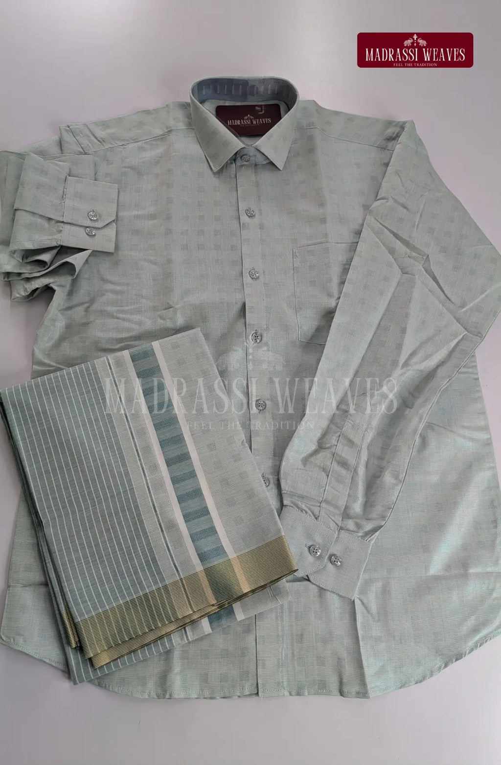 Premium Embossed Cotton Tissue Dhoti Set – Blue Tint