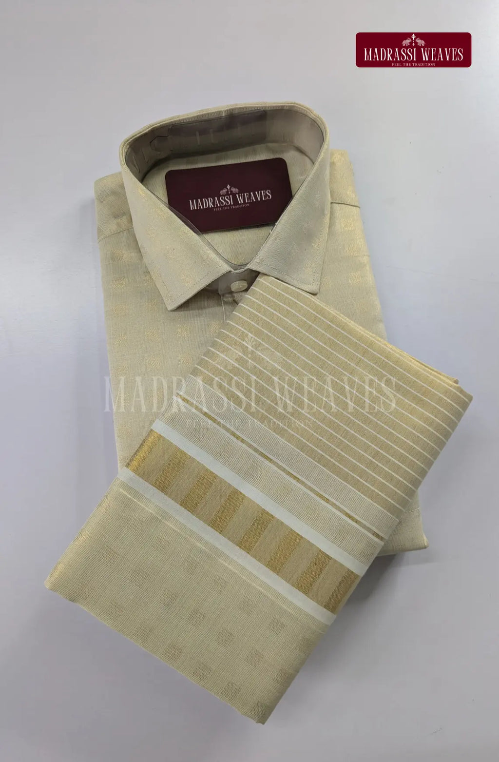 Premium Embossed Cotton Tissue Dhoti Set – Gold Tint