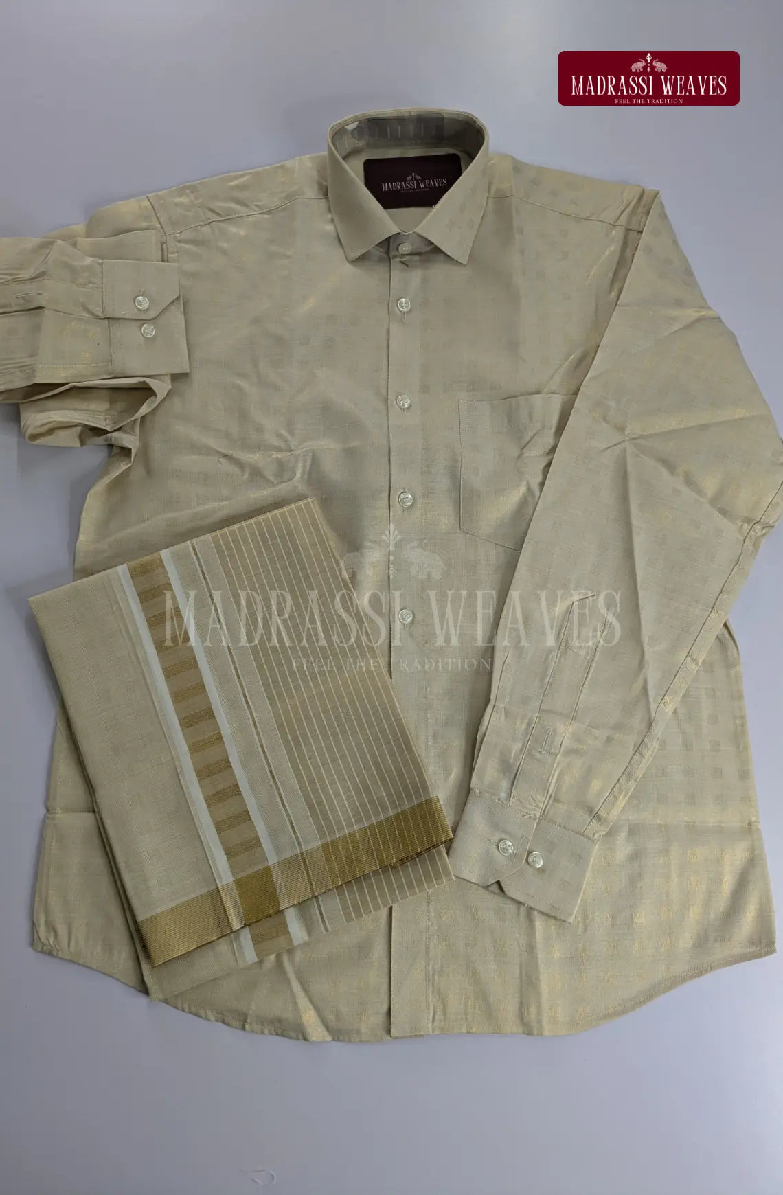 Premium Embossed Cotton Tissue Dhoti Set – Gold Tint