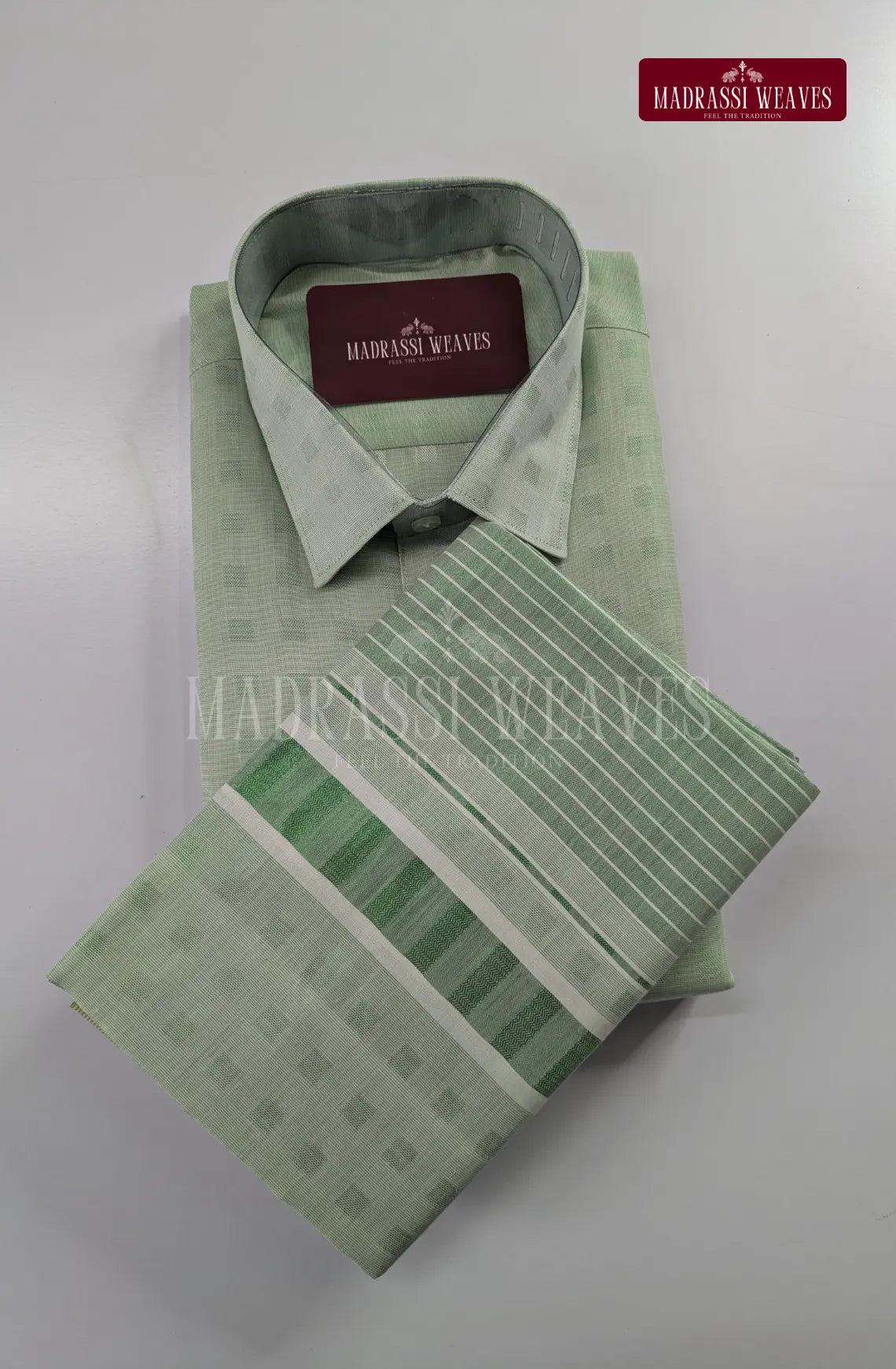 Premium Embossed Cotton Tissue Dhoti Set – Green Tint