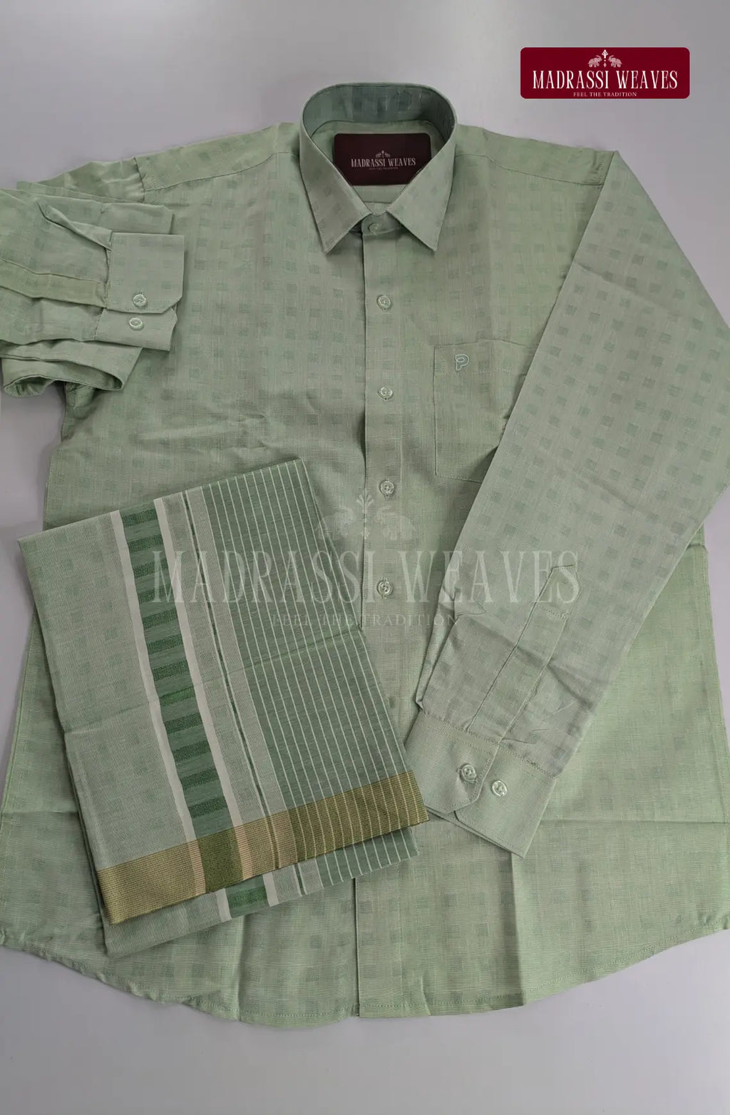 Premium Embossed Cotton Tissue Dhoti Set – Green Tint