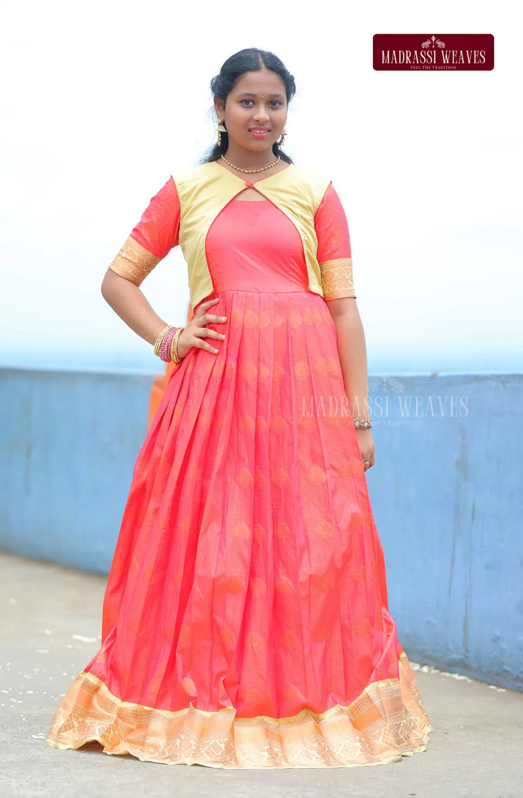 Premium Ethnic Silk Gown - Kesari Glow