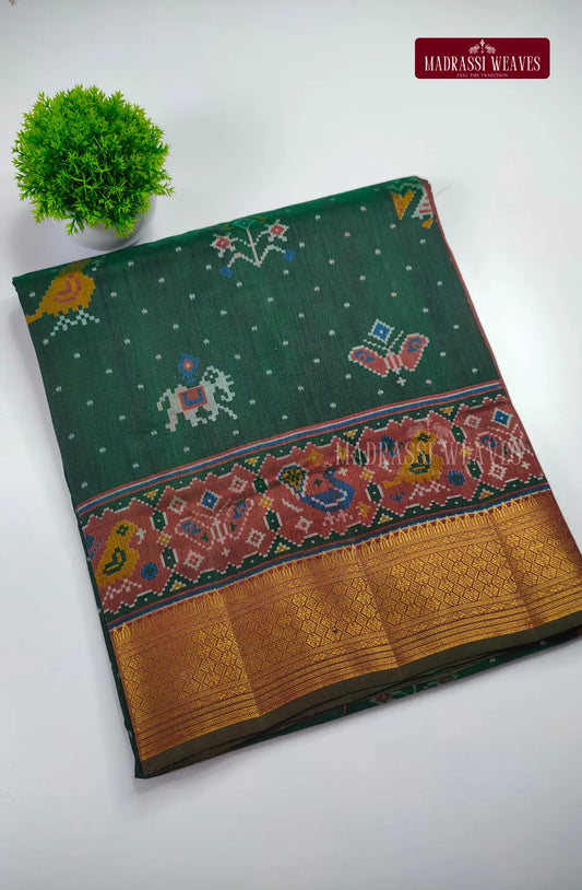 Premium Ikkat Fusion Soft Silk Saree - Deep Green