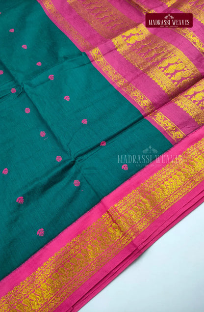 Premium Kalyani Gadwal Cotton Saree - Bottle Green