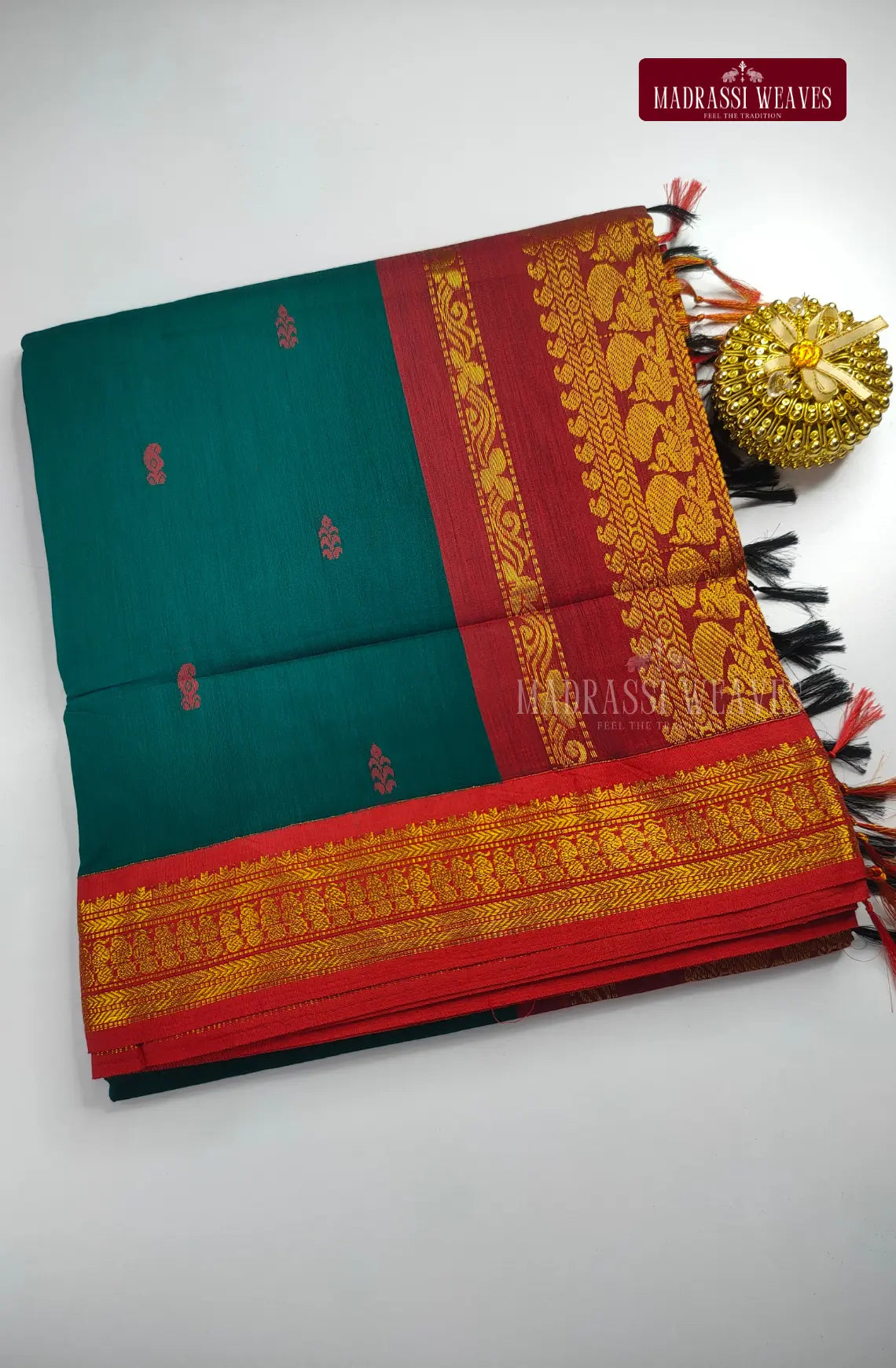 Premium Kalyani Gadwal Cotton Saree - Bottle Green
