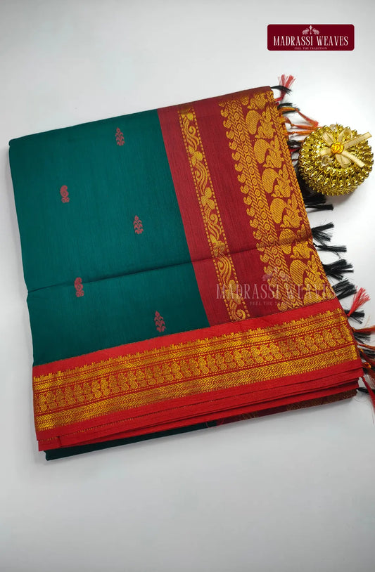 Premium Kalyani Gadwal Cotton Saree - Bottle Green