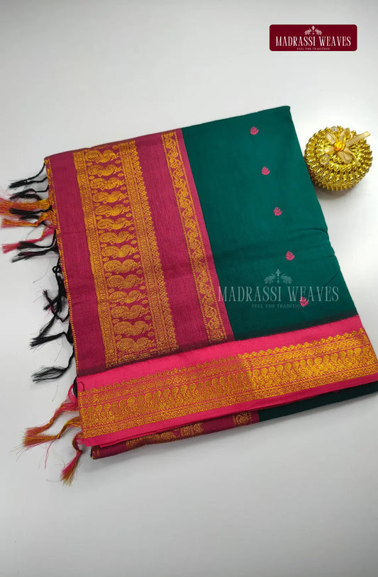 Premium Kalyani Gadwal Cotton Saree - Bottle Green