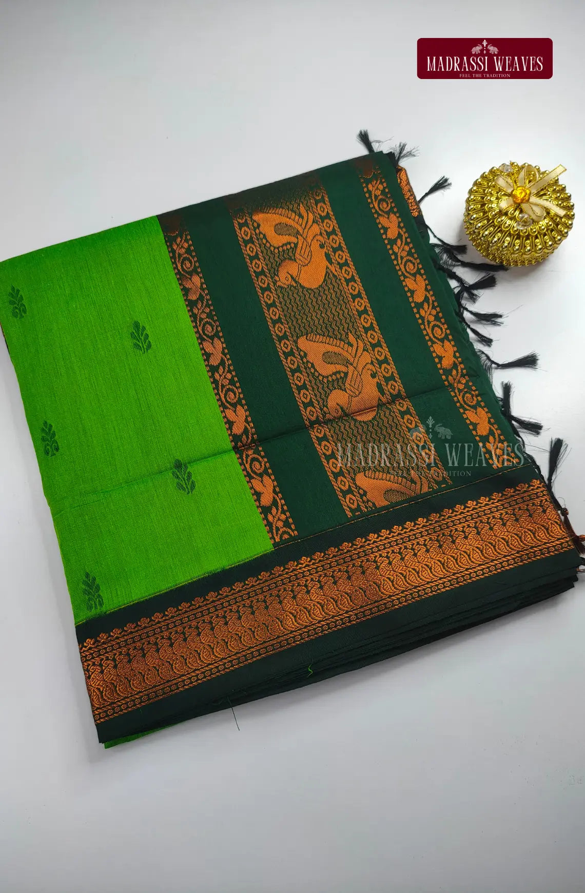 Premium Kalyani Gadwal Cotton Saree - Leaf Green